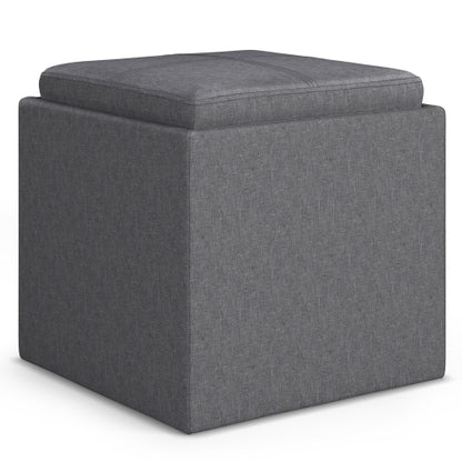 17 Inch Storage Ottoman with Tray Grey Linen Fabric Cube Footrest