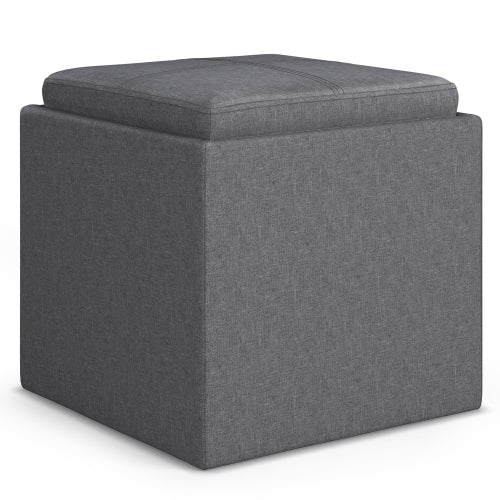 17 Inch Storage Ottoman with Tray Grey Linen Fabric Cube Footrest