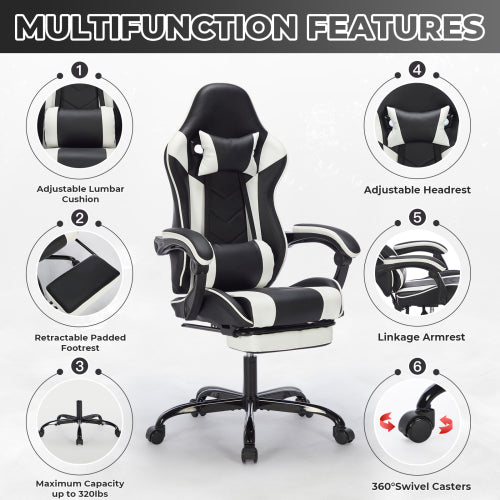 Gaming Chair with Footrest, Ergonomic Computer Chair with Headrest and Lumbar Support, Breathable Material Height Adjustable Video Game Chairs for Adults, Black White