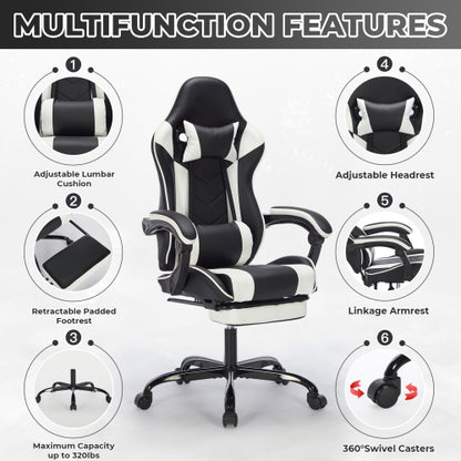Gaming Chair with Footrest, Ergonomic Computer Chair with Headrest and Lumbar Support, Breathable Material Height Adjustable Video Game Chairs for Adults, Black White