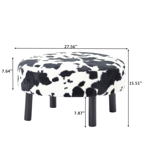 27.56 inch Round Faux Rabbit Fur Ottoman, Solid Wood Leg Upholstered Footrest Extra Guest Seat