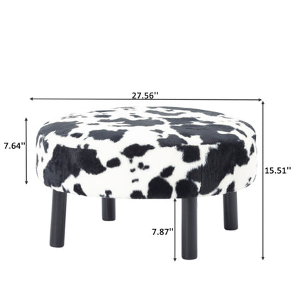 27.56 inch Round Faux Rabbit Fur Ottoman, Solid Wood Leg Upholstered Footrest Extra Guest Seat