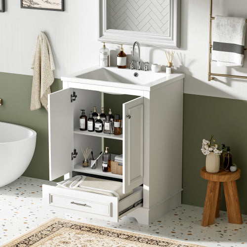 24'' Bathroom Vanity with Ceramic Sink Combo, Modern Freestanding Storage Cabinet with Silver Handles, Soft Closing Doors