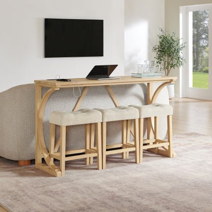 4-Piece 59inch  Bar Set with Outlet, Solid Wood Frame & 3 Linen Stools