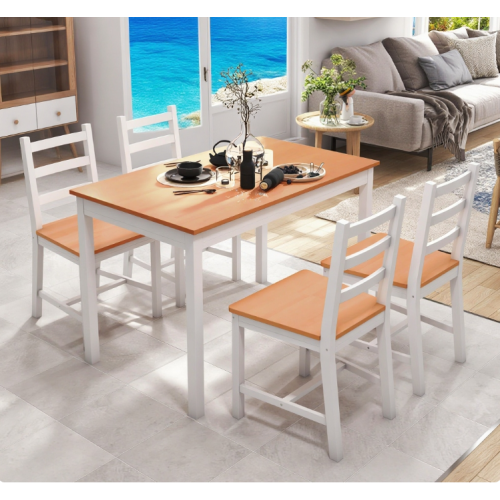 5-Piece Natural Solid Pine Dining Set, Rustic Wood Table & 4 Slatted High Back Chairs