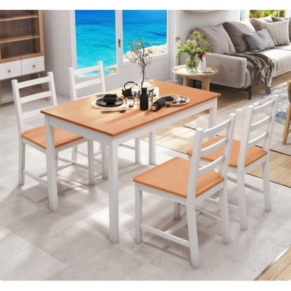 5-Piece Natural Solid Pine Dining Set, Rustic Wood Table & 4 Slatted High Back Chairs