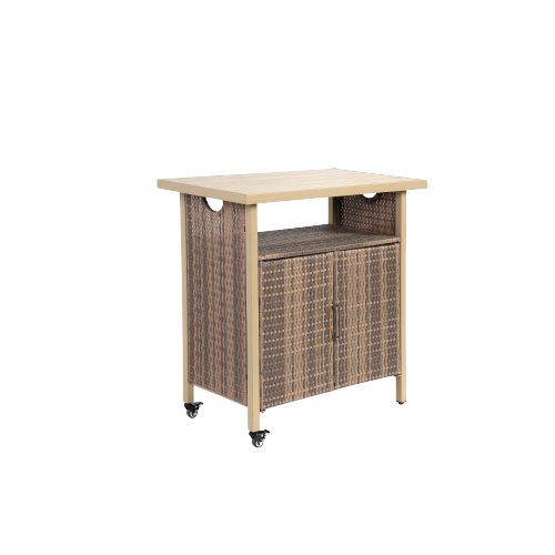 Outdoor Wicker Bar Cart, Patio Wine Serving Cart w/Wheels , Rolling Rattan Beverage Bar Counter Table w/Glass Top for Porch Backyard Garden Poolside Party, Beige
