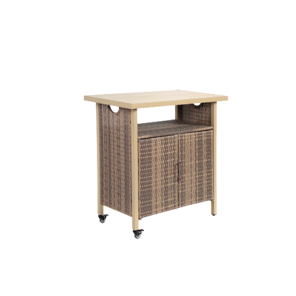 Outdoor Wicker Bar Cart, Patio Wine Serving Cart w/Wheels , Rolling Rattan Beverage Bar Counter Table w/Glass Top for Porch Backyard Garden Poolside Party, Beige