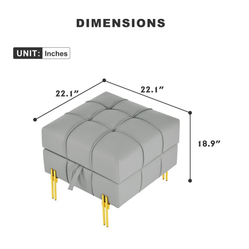 Gray Anti-Scratch Leather Storage Ottoman, Pet-Friendly Bench with Golden Stainless Steel Legs