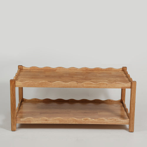 2-Tier Rectangular Coffee Table Rubberwood Storage Shelf Modern Living Room Table