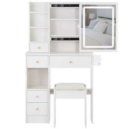 29.2inch  Small Size Left Drawer Desktop Vanity Table + Cushioned Stool, 2 AC+2 USB Power Station, Hair dryer bracket, Extra Large Touch Control Sliding LED Mirror, Tri-color Switching, Brightness Adjust