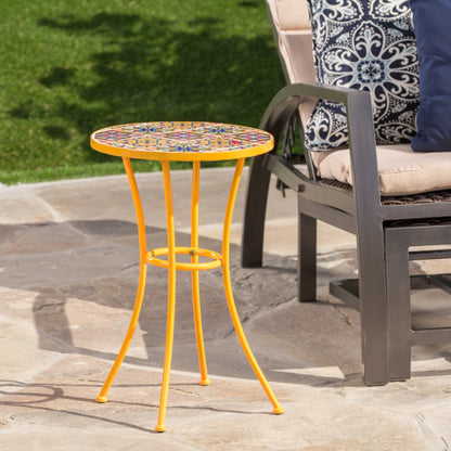 Outdoor Side Table with Tile Mosaic Table Top and Metal Legs, Yellow