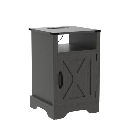 Farmhouse Nightstand with Charging Station, Rustic End Table with Storage Cabinet, Dark Grey