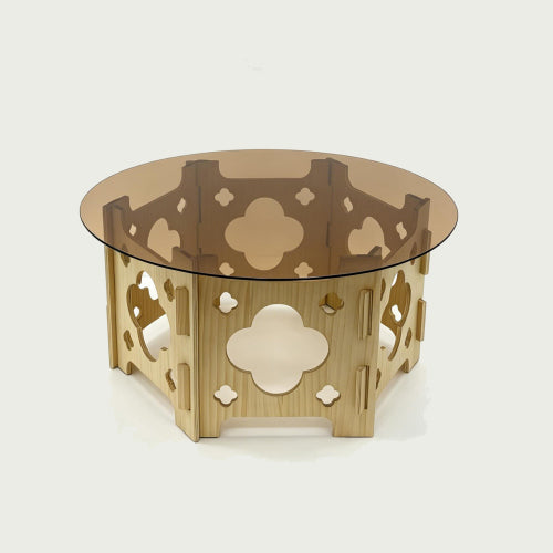 31.1inch  Round Tempered Glass Coffee Table, Floral Hollow Wood Base, Cat Nest Design