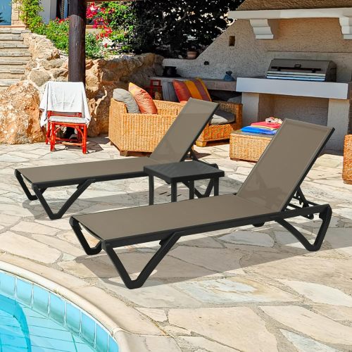 Pool Lounge Chairs Set of 2 with Side Table, Aluminum Adjustable Outdoor Chaise Lounge with Wheels, All Weather Poolside Chairs for Deck Lawn Patio Backyard, Textilene, Khaki