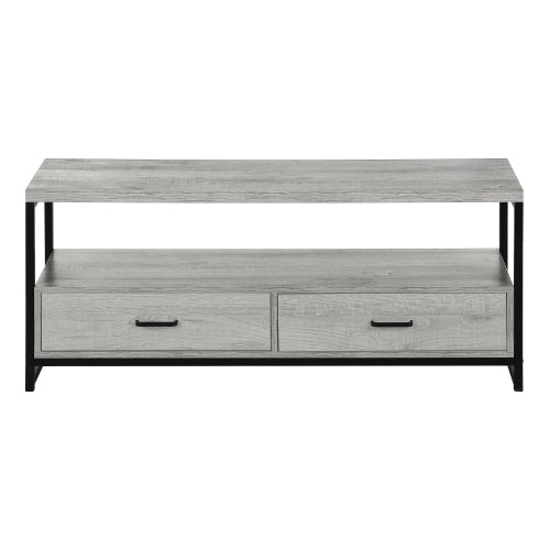 48 Inch Grey Wood Grain TV Stand with Black Metal Frame Dual Open Layers & 2 Drawers