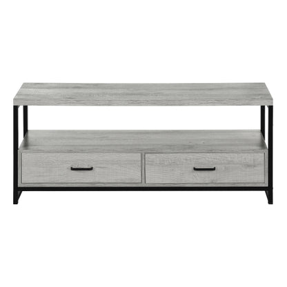 48 Inch Grey Wood Grain TV Stand with Black Metal Frame Dual Open Layers & 2 Drawers