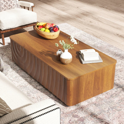 47 Inch Wave Texture Coffee Table with 2 Drawers Hidden Base Walnut Brown