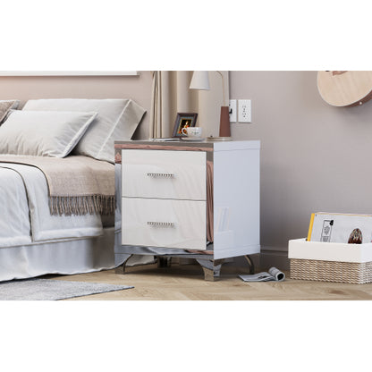 High Gloss Mirrored Nightstand with 2 Drawers,Modern End Table with Drawers,Mirrored High Gloss Wood Nightstand Metal Handle Bedside End Table for Bedroom, Dorm,Living Room,White