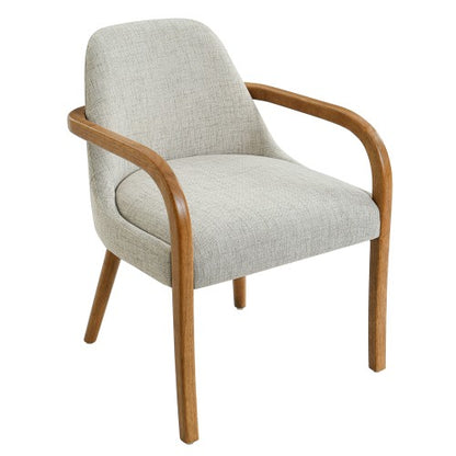 Set of 2 Mid-Century Beige Fabric Dining Arm Chairs, Rubber Wood Legs, 250 lbs Capacity