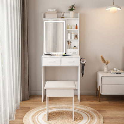 White Small Makeup Vanity Desk with Mirror & LED Lights, Power Outlet, Hidden Storage, Padded Stool & Shelf