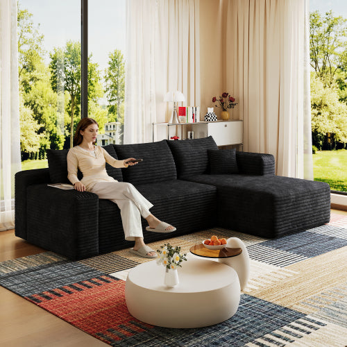 95" Cloud Sectional Sofa,Modern Minimalist Upholstered Couches, Comfort U Shaped Sofa for Living Room,Deep Seat Corner Couch,No Assembly Required,Black (Plush Corduroy Fabric)
