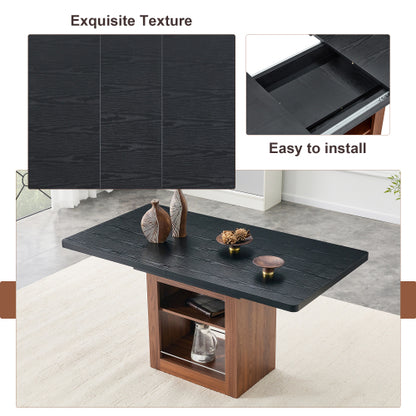 Expandable MDF Dining Table with Storage, Black Tabletop