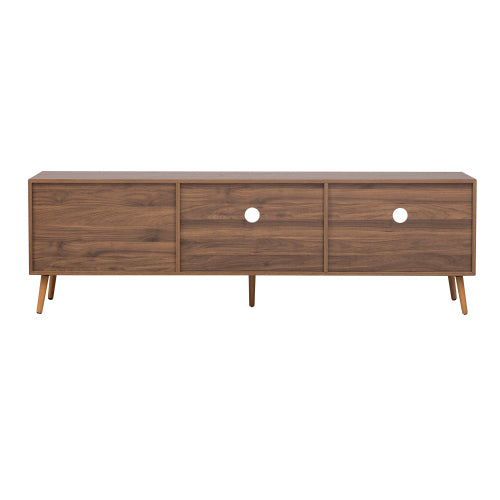 70.8 Inch Walnut Mid-Century TV Stand Tempered Glass Sliding Door Media Console for 75 inch+ TV