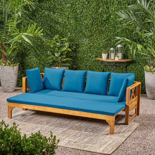 Outdoor Extendable Acacia Wood 3 Seater Sofa, Upholstered Cushion Couch, Daybed Sofa Chair, Spacious Seating Lounge Chair, Patio Daybed Sofa for Garden Yard