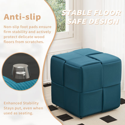 Blue Square Corduroy Ottoman Foot Stool, 300 LBS Sturdy No-Assembly Vanity Seat for Bedroom & Dorm