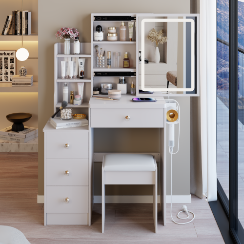 29.2" Small Size Left Bedside Cabinet Vanity Table + Cushioned Stool, 2 AC+2 USB Power Station, Hair dryer bracket, Extra Large Touch Control Sliding LED Mirror, Tri-color Switching, Brightness Adjust