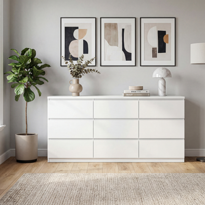 9 Drawer Dresser with No Handle Design, Modern White Matte Wood Dresser for Bedroom, Storage Chest of Drawers for Living Room, Hallway, Entryway