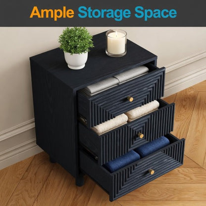 18.7inch Black Modern Nightstand, 3 Geometric Drawers with Gold Knobs & Solid Wood Legs