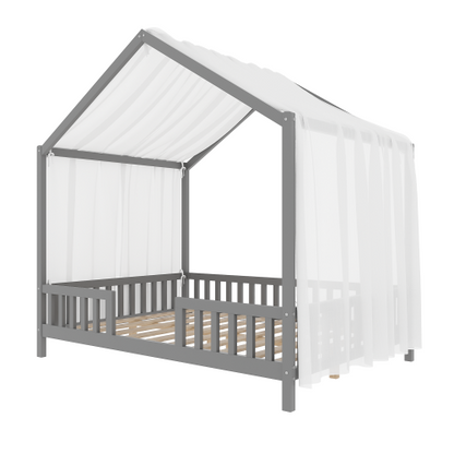 Montessori Floor Bed with Canopy, Full Bed Frame for Kids, House Shape Toddler Bed Frame with High Railings, Wood Kids Bed with Roof, Kid Full Bed, Grey