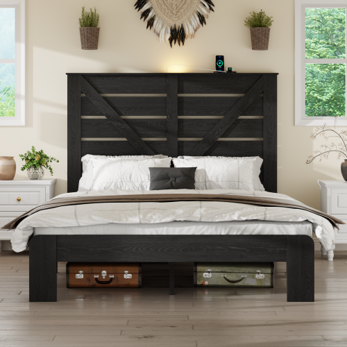 Full Bed Frame Headboard , Wood Platform Bed Frame , Noise Free,No Box Spring Needed and Easy Assembly Tool,Large Under Bed Storage, Black