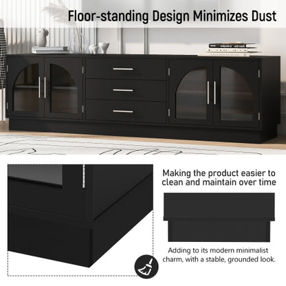 68.9 Inch Minimalist Arched Glass TV Stand for 75 Inch TV with 3 Drawers & Adjustable Shelves