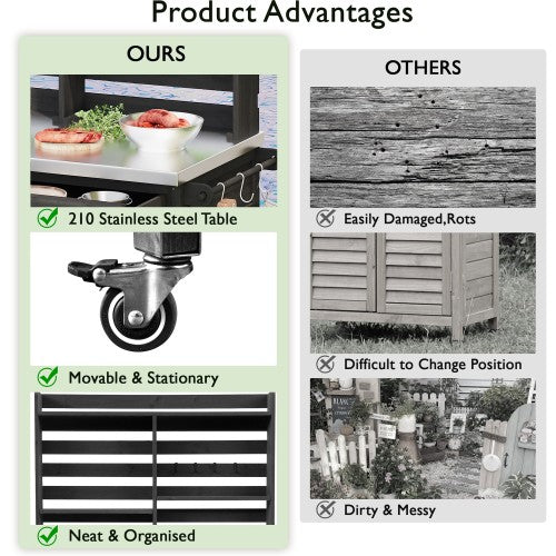 K&K 64.9"H Outdoor Potting Bench Table with Lockable Wheels, Solid Wood Outdoor Kitchen Island with Upper Hutch, Stainless Steel Top, Towel Rack ,Outdoor Storage for Grilling, Lawn Garden -Black