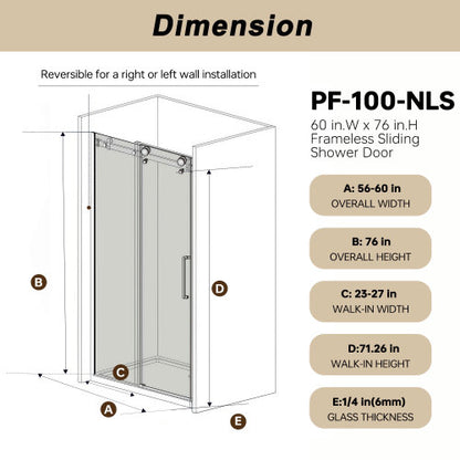 Frameless Single sliding shower door 56-60 "W x 76" H, 1/4 "(6 mm) Clear Tempered Glass, Explosion Proof Film, Stainless Steel Handle Square Tube Track Brushed Nickel