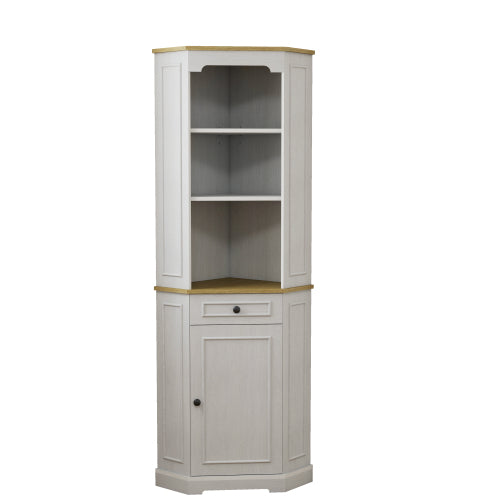 68" Tall Corner Cabinet, Freestanding Corner Storage Cabinet with 1 Door, 1 drawer and a Adjustable Shelf, Farmhouse Bar Storage Cabinet for Living Room, Dining room, Kitchen, Bathroom-Antique White