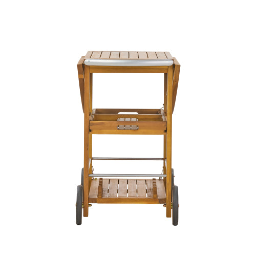 Outdoor Acacia Wood Bar Cart with Foldable Tabletop & Removable Trays, 35.5 inch Rolling Serving Cart for Patio, Deck & Backyard