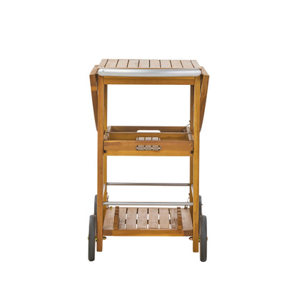 Outdoor Acacia Wood Bar Cart with Foldable Tabletop & Removable Trays, 35.5 inch Rolling Serving Cart for Patio, Deck & Backyard