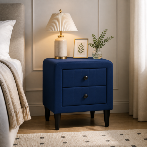 Navy Blue Velvet 2-Drawer Upholstered Nightstand