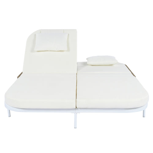 TREXM Outdoor Daybed, Patio Rattan Daybed with 5-Position Adjustable Backrest and Removable Cushions&Pillows, Iron Frame Outdoor Bed Loveseat for Garden, Backyard, Poolside (White Frame+Beige Cushion)