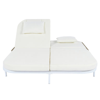 TREXM Outdoor Daybed, Patio Rattan Daybed with 5-Position Adjustable Backrest and Removable Cushions&Pillows, Iron Frame Outdoor Bed Loveseat for Garden, Backyard, Poolside (White Frame+Beige Cushion)