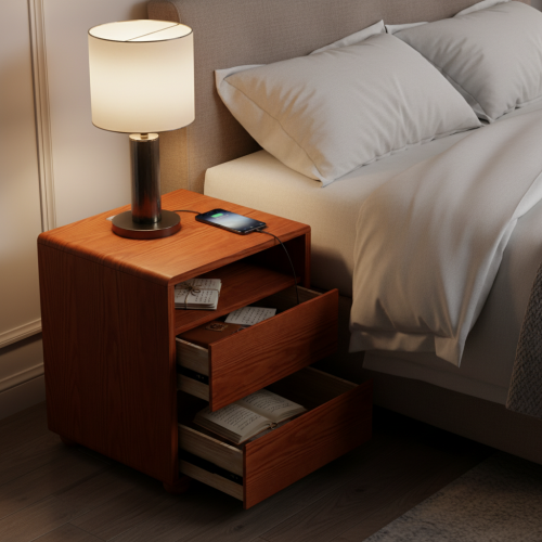 20inch Modern Nightstand with 2 Drawers And Shelves Solid Wood Night Stand with Charger Station Mid Century Bedside Table Curved Wood Side Table-Walnut