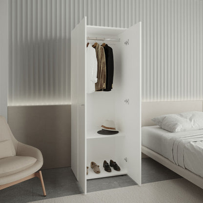 Home 2 Doors Closet System Armoire, Hanging Rod and Storage Shelf, Modern Armoire for Bedroom Organization Storage, White