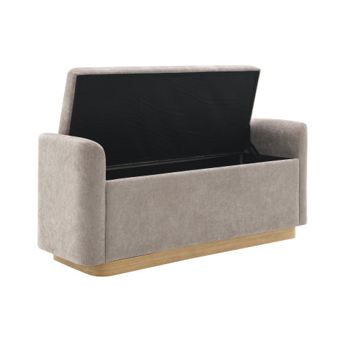 49 inch Brown Chenille Storage Ottoman Bench, Gold Metal Base Wood Frame 350 LBS Safety Hinge Entryway Bench