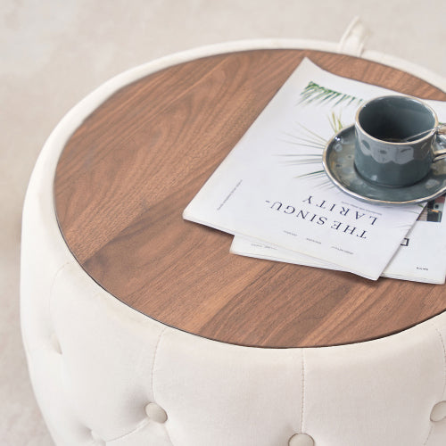 Beige 2-Piece Velvet Nesting Storage Ottoman Set, 4-in-1 Round Foot Stool with Wood Tray, Fully Assembled