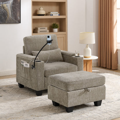 Brown Manual Recliner Single Sofa,USB Port,Cup Holders,Storage Ottoman