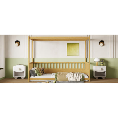 Twin Size Canopy Bed Frame with Guardrails for Kids,Floor Bed Twin with Four Poster Design,Kids Montessori Floor Bed,Wood Canopy Bed Frame for Girls,Boys(Twin,Natural)